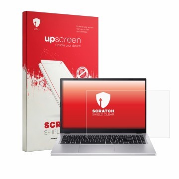 Parte frontal de un envase de producto con el logotipo de la marca upscreen. Al lado se muestra el dispositivo Acer Extensa 15
