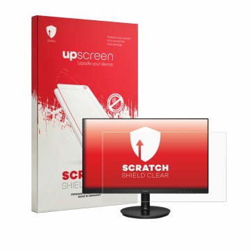 Parte frontal de un envase de producto con el logotipo de la marca upscreen. Al lado se muestra el dispositivo Philips 221v8 c