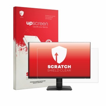 Parte frontal de un envase de producto con el logotipo de la marca upscreen. Al lado se muestra el dispositivo MSI PRO MP243 c