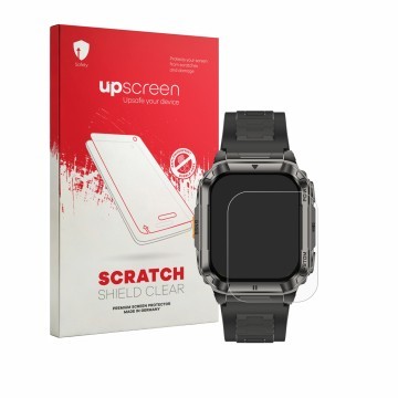 Parte frontale di una confezione del prodotto con il logo del marchio upscreen. Accanto è raffigurato il dispositivo Ulefone A