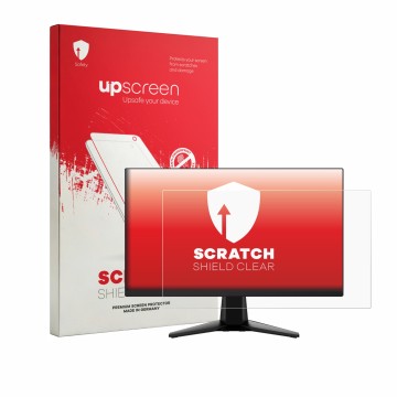 Vorderseite einer Produktverpackung mit dem Markenlogo upscreen. Daneben ist das Gerät MSI G255F mit dem zugehörigen Displaysc