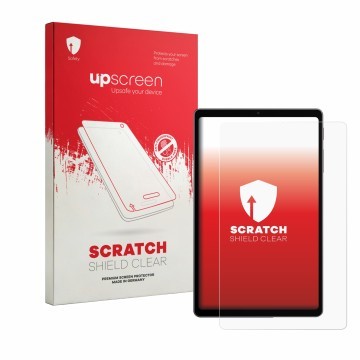 Parte frontal de un envase de producto con el logotipo de la marca upscreen. Al lado se muestra el dispositivo Alldocube iPlay