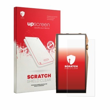 Parte frontal de un envase de producto con el logotipo de la marca upscreen. Al lado se muestra el dispositivo Astell&Kern A&u