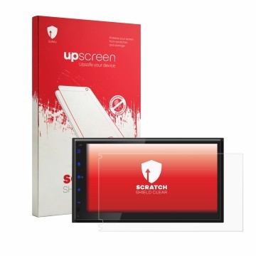 Vorderseite einer Produktverpackung mit dem Markenlogo upscreen. Daneben ist das Gerät JVC KW-593BT mit dem zugehörigen Displa