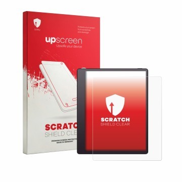 Parte frontal de un envase de producto con el logotipo de la marca upscreen. Al lado se muestra el dispositivo Boox Note Mini 