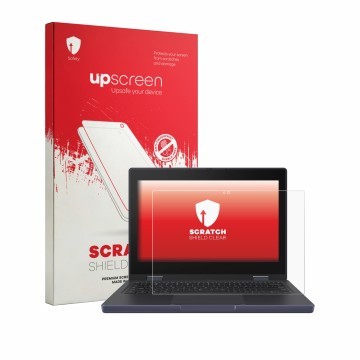 Face avant d’un emballage produit avec le logo de la marque upscreen. À côté, l’appareil ASUS Chromebook CZ11 Flip CZ1104F est