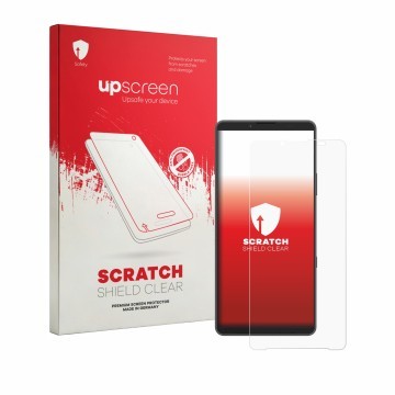 Parte frontale di una confezione del prodotto con il logo del marchio upscreen. Accanto è raffigurato il dispositivo Sony Xper