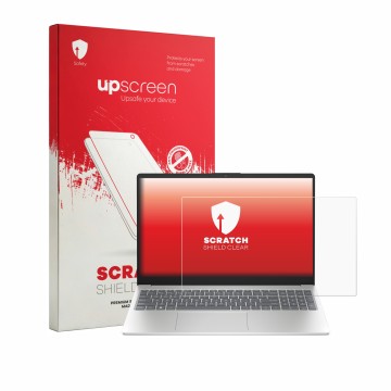 Front side of a product packaging with the brand logo upscreen. Next to it is the device HP 15-fd1731ngx shown with the corres