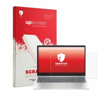 Front side of a product packaging with the brand logo upscreen. Next to it is the device HP 15-fd1750ngx shown with the corres