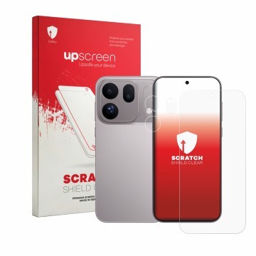 Parte frontale di una confezione del prodotto con il logo del marchio upscreen. Accanto è raffigurato il dispositivo Oppo Find