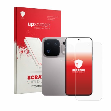 Parte frontale di una confezione del prodotto con il logo del marchio upscreen. Accanto è raffigurato il dispositivo Oppo Find