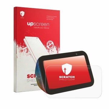 Vorderseite einer Produktverpackung mit dem Markenlogo upscreen. Daneben ist das Gerät Amazon Echo Show 5 Kids mit dem zugehör