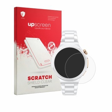 Front side of a product packaging with the brand logo upscreen. Next to it is the device Huawei Watch 6 Pro 43 mm shown with t