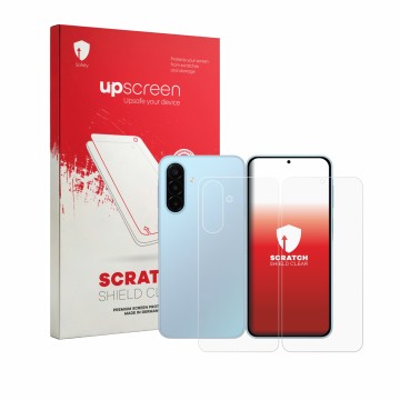 Face avant d’un emballage produit avec le logo de la marque upscreen. À côté, l’appareil Samsung Galaxy A18 4G (Avant+Arrière)