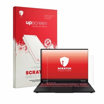 Vorderseite einer Produktverpackung mit dem Markenlogo upscreen. Daneben ist das Gerät ASUS TUF Gaming A16 2025 mit dem zugehö