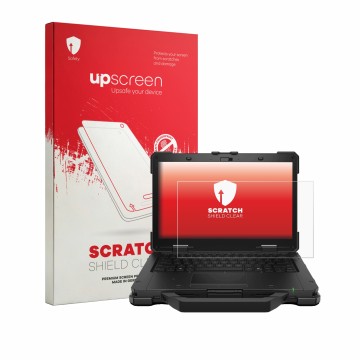 Parte frontal de un envase de producto con el logotipo de la marca upscreen. Al lado se muestra el dispositivo Dell Pro Rugged