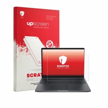 Parte frontal de un envase de producto con el logotipo de la marca upscreen. Al lado se muestra el dispositivo Dell Pro Precis