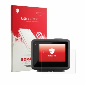 Parte frontale di una confezione del prodotto con il logo del marchio upscreen. Accanto è raffigurato il dispositivo GoPro Her