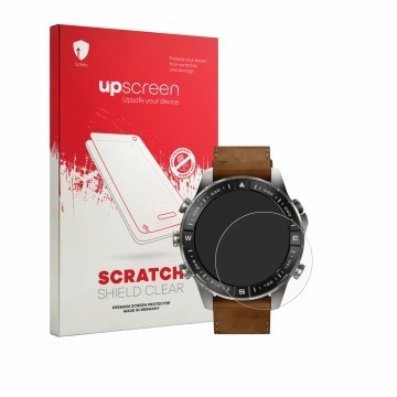 Face avant d’un emballage produit avec le logo de la marque upscreen. À côté, l’appareil Garmin Marq Adventurer (Gen 3) est re