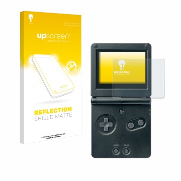 Parte frontal de un envase de producto con el logotipo de la marca upscreen. Al lado se muestra el dispositivo Nintendo Gamebo