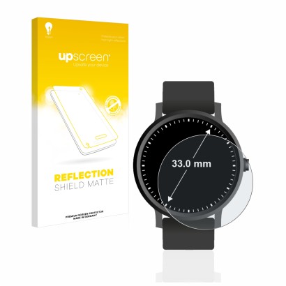 Parte frontal de un envase de producto con el logotipo de la marca upscreen. Al lado se muestra el dispositivo Relojes (Circul