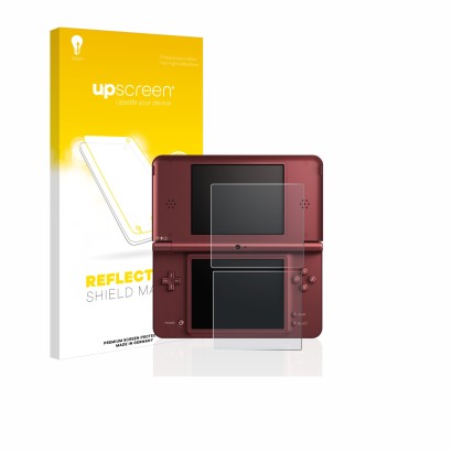 Face avant d’un emballage produit avec le logo de la marque upscreen. À côté, l’appareil Nintendo DSi XL est représenté avec l