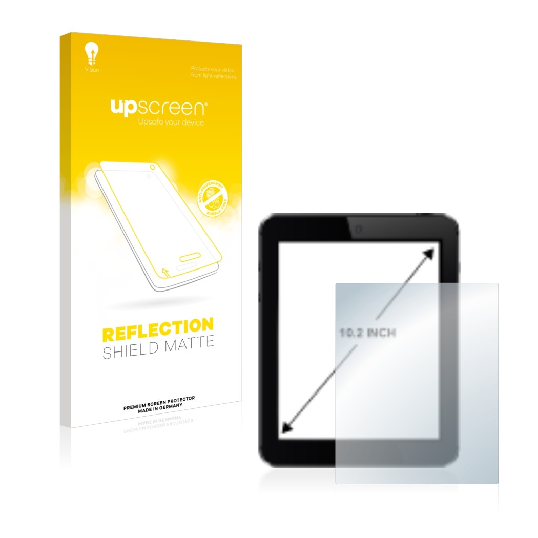 Parte frontal de un envase de producto con el logotipo de la marca upscreen. Al lado se muestra el dispositivo con su protecto