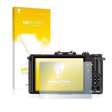 Face avant d’un emballage produit avec le logo de la marque upscreen. À côté, l’appareil Pentax Q est représenté avec la prote