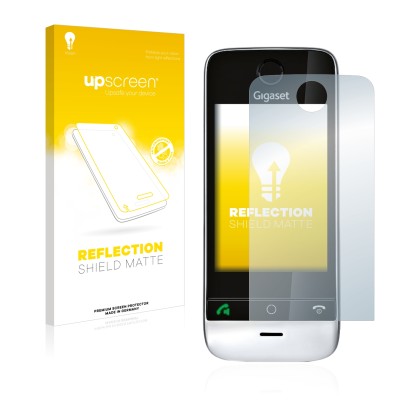 Vorderseite einer Produktverpackung mit dem Markenlogo upscreen. Daneben ist das Gerät Gigaset SL910 (runde Aussparung) mit de