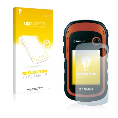 Front side of a product packaging with the brand logo upscreen. Next to it is the device Garmin eTrex 20 shown with the corres