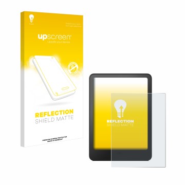 Vorderseite einer Produktverpackung mit dem Markenlogo upscreen. Daneben ist das Gerät Amazon Kindle Paperwhite 2012 mit dem z