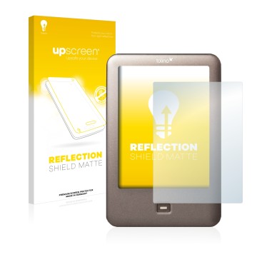 Face avant d’un emballage produit avec le logo de la marque upscreen. À côté, l’appareil Tolino Shine est représenté avec la p