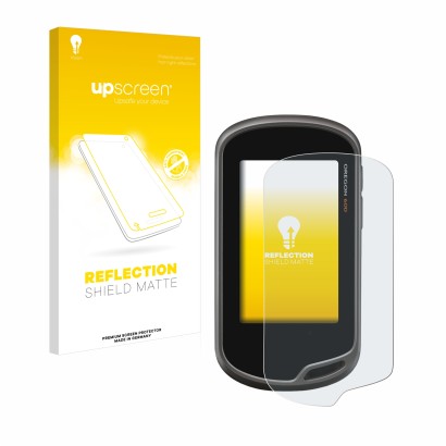 Parte frontale di una confezione del prodotto con il logo del marchio upscreen. Accanto è raffigurato il dispositivo Garmin Or