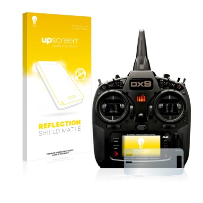 Vorderseite einer Produktverpackung mit dem Markenlogo upscreen. Daneben ist das Gerät Spektrum DX9 mit dem zugehörigen Displa