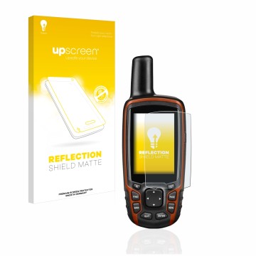 Face avant d’un emballage produit avec le logo de la marque upscreen. À côté, l’appareil Garmin GPSMAP 64s est représenté avec