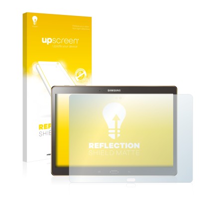 Front side of a product packaging with the brand logo upscreen. Next to it is the device Samsung Galaxy Tab S 10.5 SM-T800 sho