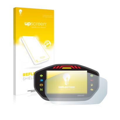 Parte frontal de un envase de producto con el logotipo de la marca upscreen. Al lado se muestra el dispositivo Ducati Monster 