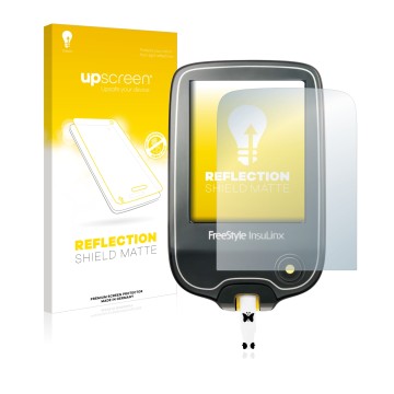 Vorderseite einer Produktverpackung mit dem Markenlogo upscreen. Daneben ist das Gerät Freestyle InsuLinx mit dem zugehörigen 