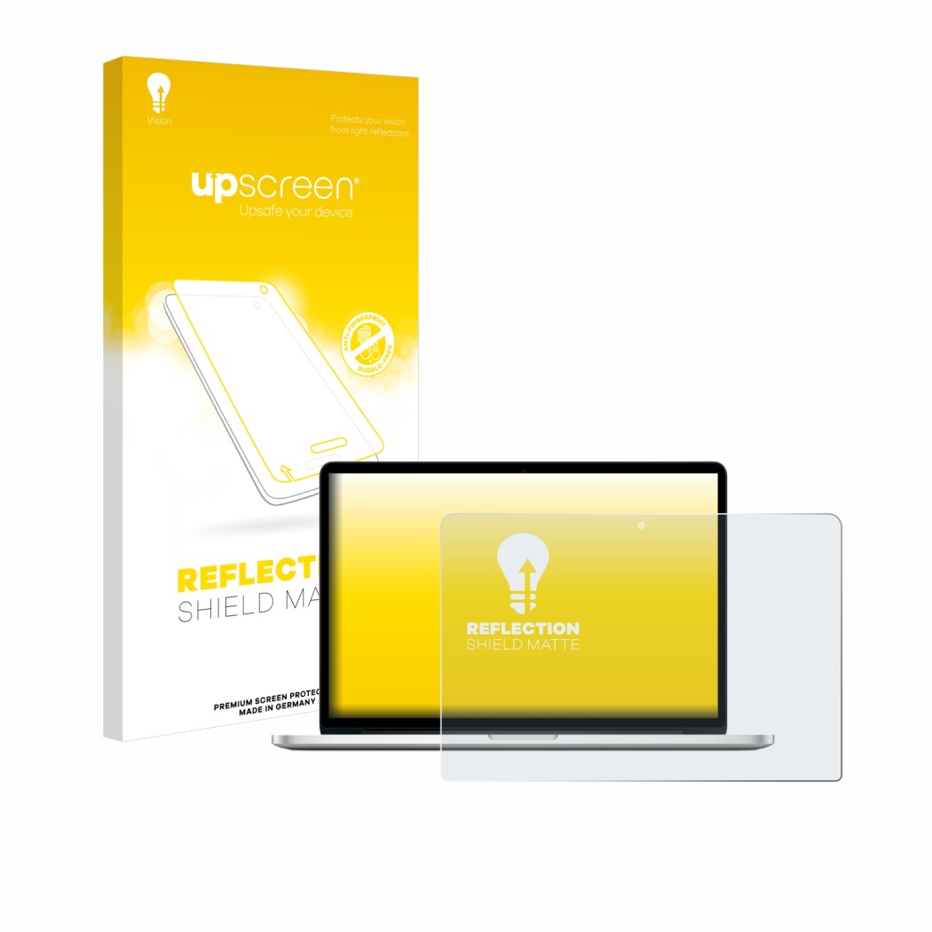 Parte frontale di una confezione del prodotto con il logo del marchio upscreen. Accanto è raffigurato il dispositivo Apple Mac