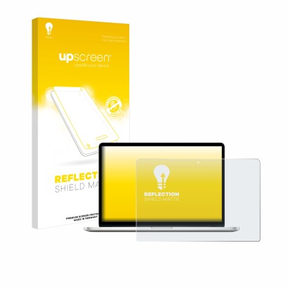 Parte frontale di una confezione del prodotto con il logo del marchio upscreen. Accanto è raffigurato il dispositivo Apple Mac