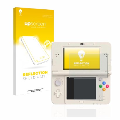 Vorderseite einer Produktverpackung mit dem Markenlogo upscreen. Daneben ist das Gerät Nintendo New 3DS mit dem zugehörigen Di