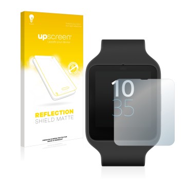Front side of a product packaging with the brand logo upscreen. Next to it is the device Sony Smartwatch 3 SWR50 shown with th