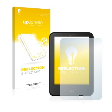 Parte frontal de un envase de producto con el logotipo de la marca upscreen. Al lado se muestra el dispositivo Tolino Vision 2