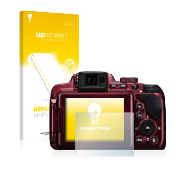 Parte frontale di una confezione del prodotto con il logo del marchio upscreen. Accanto è raffigurato il dispositivo Nikon Coo