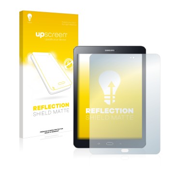 Front side of a product packaging with the brand logo upscreen. Next to it is the device Samsung Galaxy Tab S2 9.7 shown with 