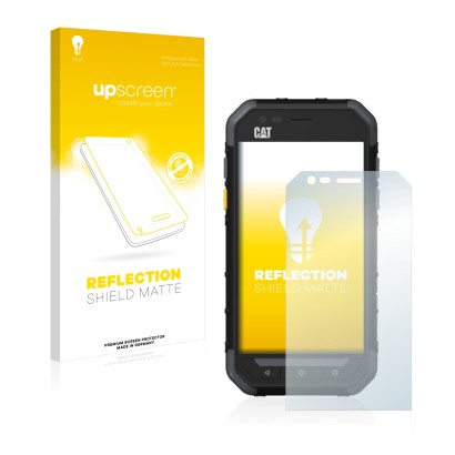 Face avant d’un emballage produit avec le logo de la marque upscreen. À côté, l’appareil Caterpillar Cat S30 est représenté av