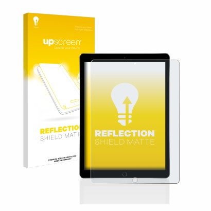 Face avant d’un emballage produit avec le logo de la marque upscreen. À côté, l’appareil Apple iPad Pro 12.9