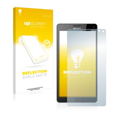 Parte frontal de un envase de producto con el logotipo de la marca upscreen. Al lado se muestra el dispositivo Microsoft Lumia