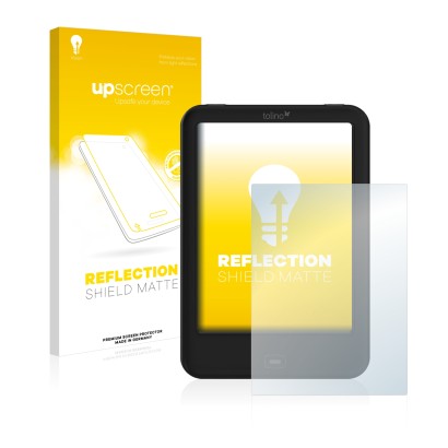 Face avant d’un emballage produit avec le logo de la marque upscreen. À côté, l’appareil Tolino Shine 2 HD est représenté avec