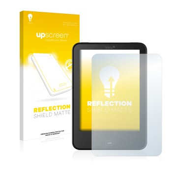 Parte frontal de un envase de producto con el logotipo de la marca upscreen. Al lado se muestra el dispositivo Tolino Vision 3